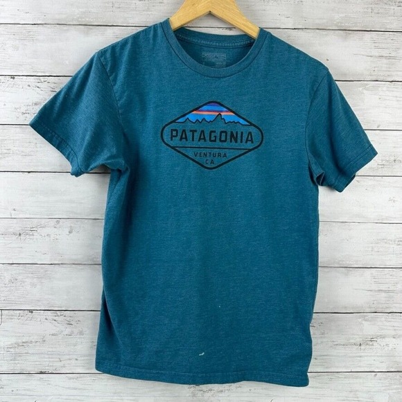 Patagonia T-shirt Short Sleeve Men's‎ Size Small Slim Fit Logo Teal Blue/Green - Picture 1 of 9